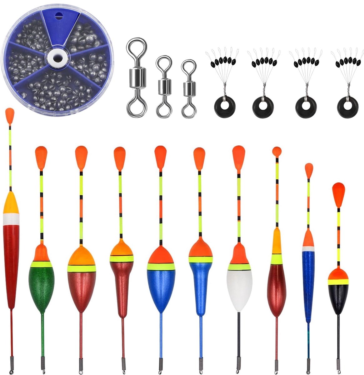 10 stuks dobbers, hengeldobbers, 205 stuks, open aanhanger, visdobbers, set van 3 stuks draaisluitingen, 4 stuks, zwemmeraanslag voor alle soorten vissen in meren en vijvers