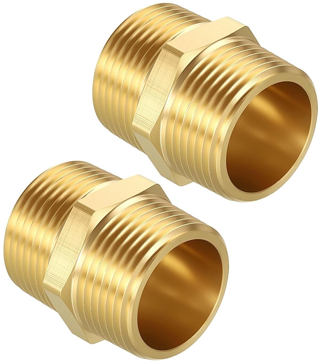Dubbele nippel 3/4 inch, messing buitendraad, 2 stuks dubbele nippel met zeskant, robuust en fittingen voor drinkwater, geschikt voor sanitair, industrie, commercieel en doe-het-zelfprojecten