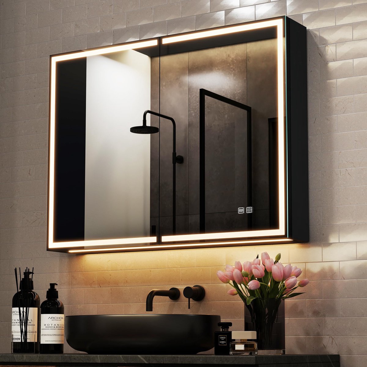 SnelShoppen - LED-spiegelkast voor badkamer, mat zwart, 60 x 80 x 12,9 cm, dimbare badkamerspiegel met verlichting, anti-condens en geheugenfunctie, a