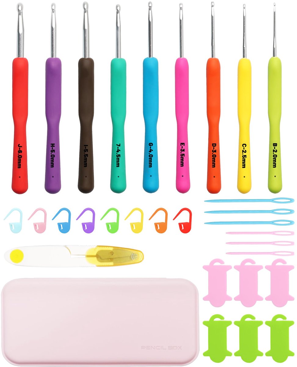 Haaknaaldenset met doos, 9 stuks (2,0 - 6,0 mm) – ergonomische haaknaalden met zachte grip, haakaccessoires voor beginners en hobbyhakers