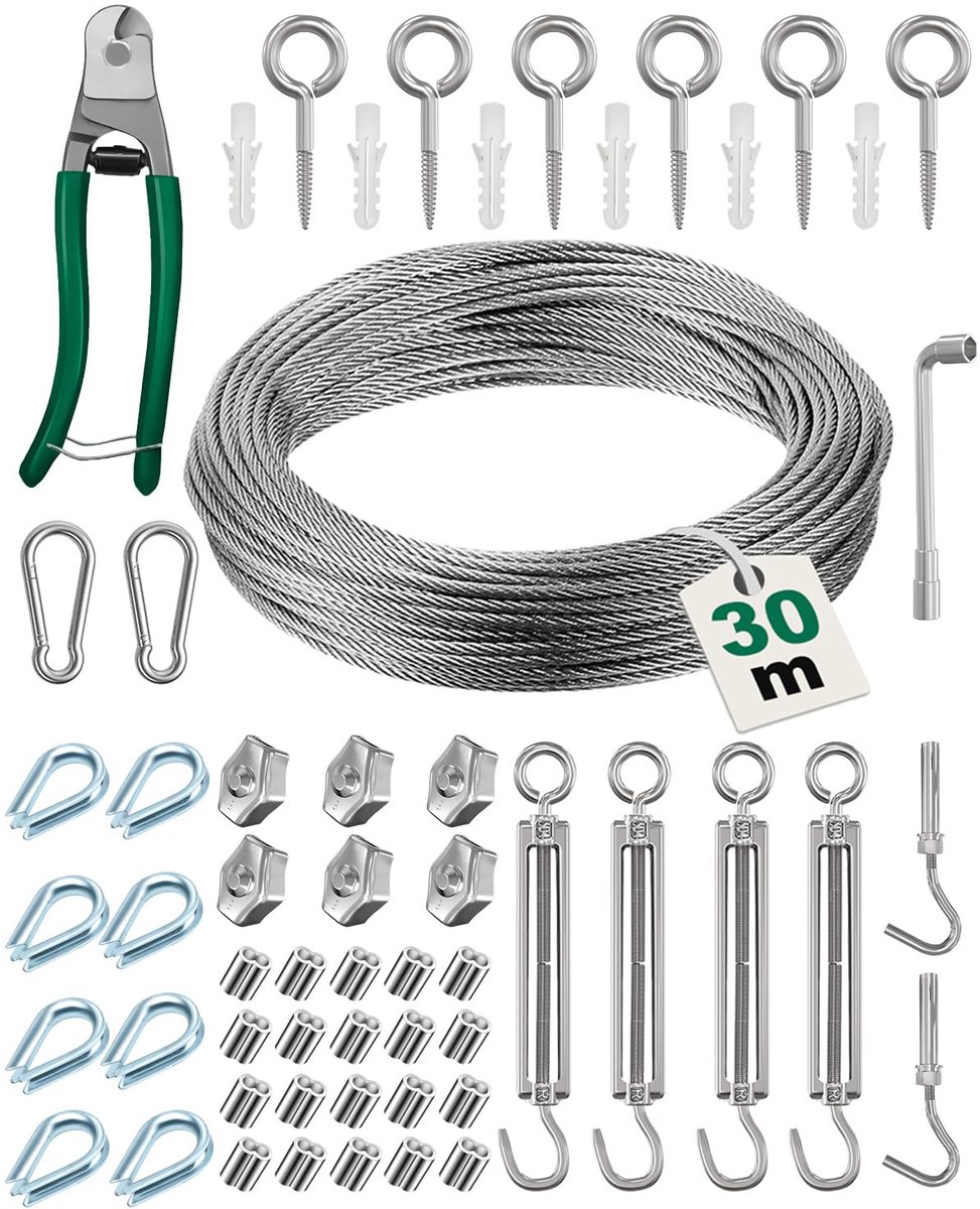 ovsor 57-delige roestvrijstalen draadkabelset, 3 mm × 30 m, met spanschroeven en draadsnijder, 304 roestvrij stalen touw voor waslijnen, ophangingen, doe-het-zelfwerkzaamheden en hangende voorwerpen