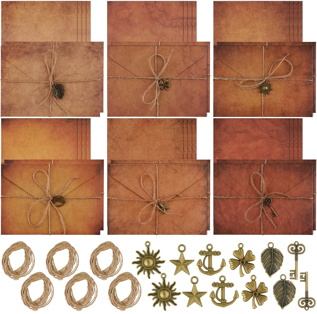 briefpapier en enveloppen set, schrijfpapier, enveloppen, inclusief vellen, antiek briefpapier, kraft enveloppen, retro accessoires, touw (60 stuks)