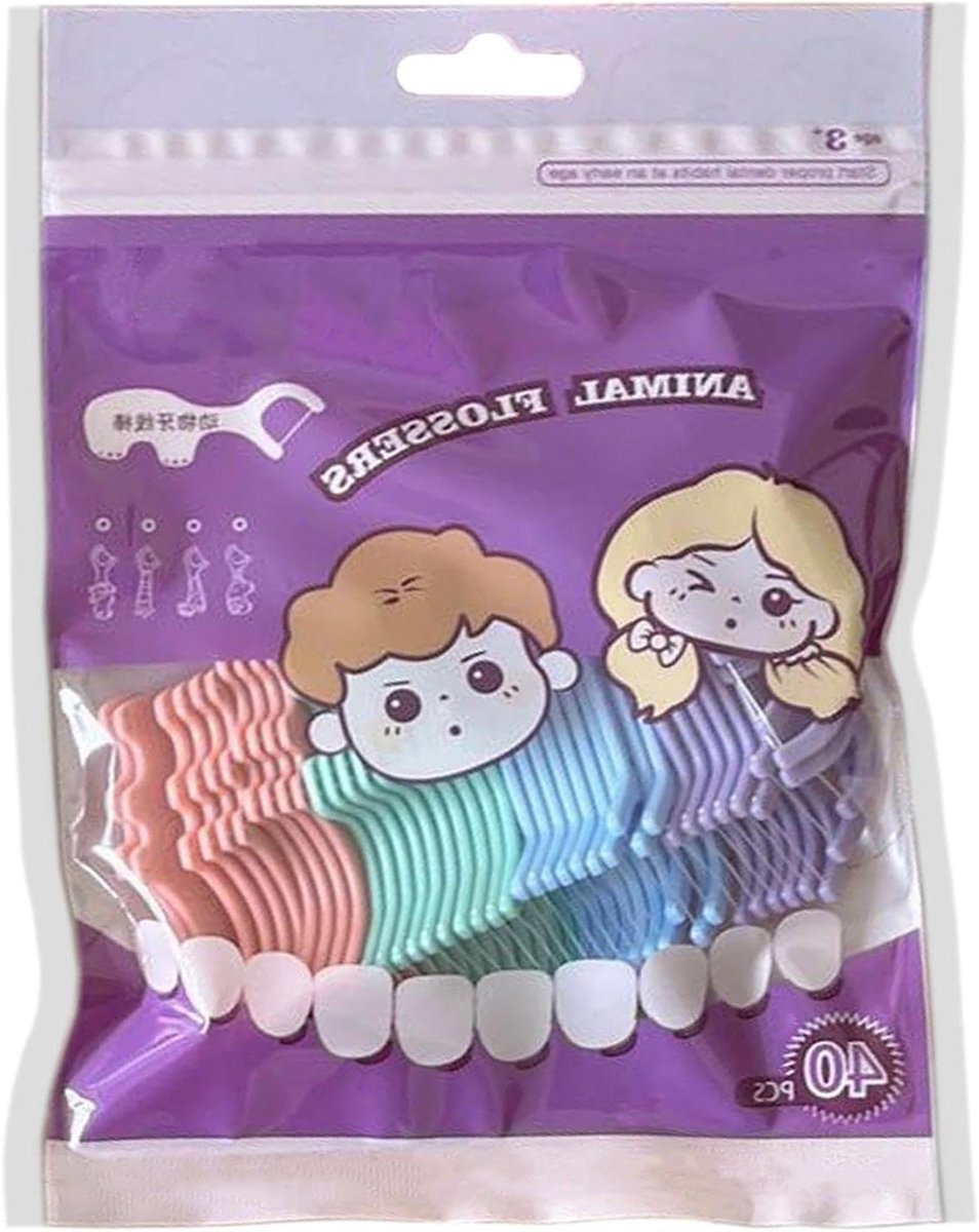 Floss Stokjes - Tandragers Picks - Mondhygiëne Verbeteren - Kindvriendelijk Dierontwerp - 40 Stuks - Multicolor