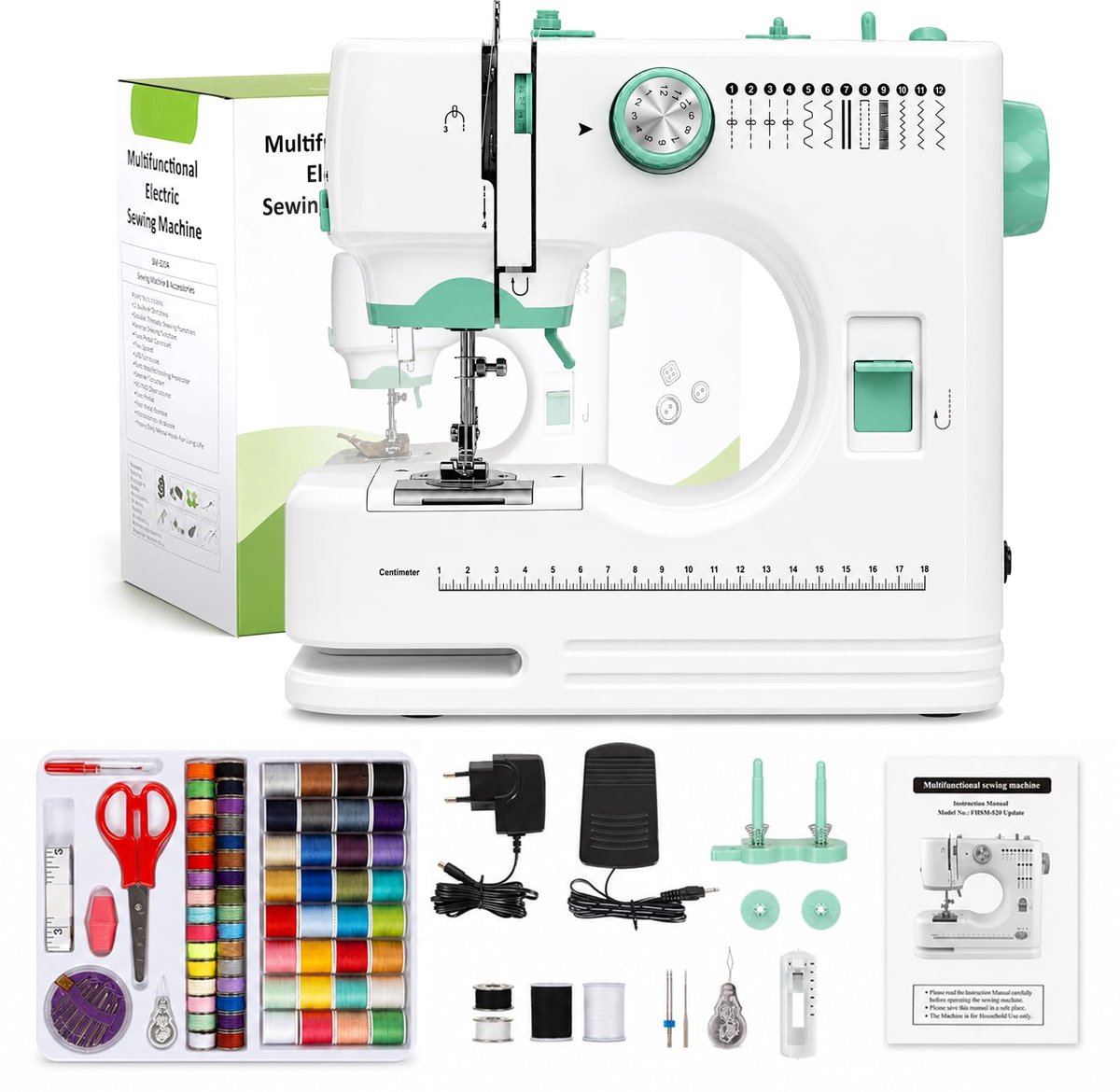 SnelShoppen - Mini-naaimachine voor beginners, Draagbare Elektrische Naaimachine met 12 Naaiprogramma's, Automatisch Inrijgen, Dubbele Naald, LED-Lich
