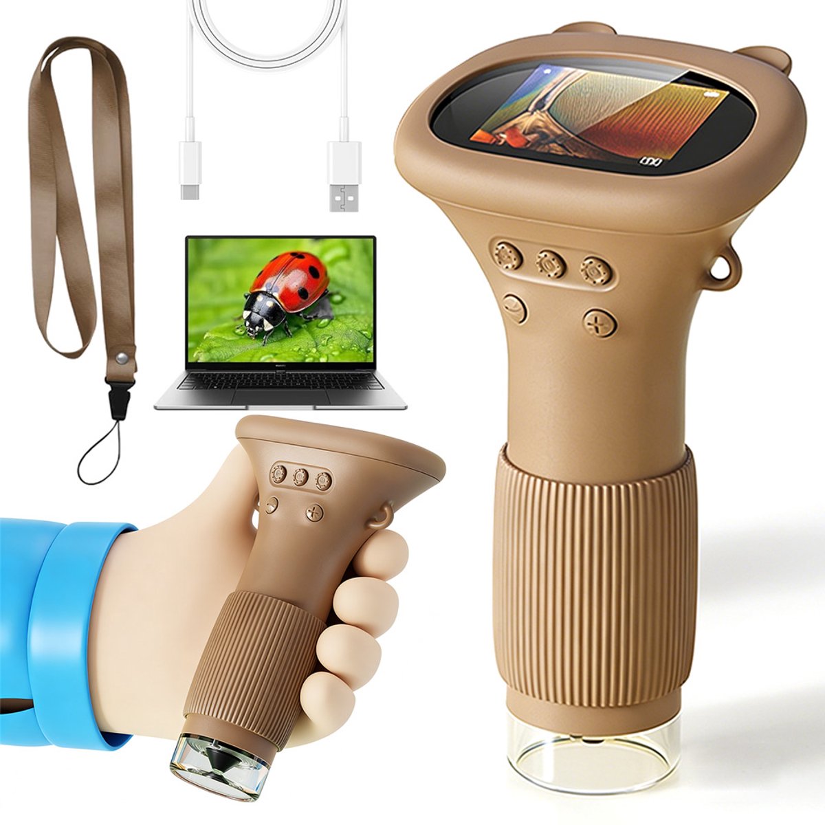Draagbare Kindermicroscoop - 1000x Vergroting - 2-inch IPS Scherm - 3-Stands LED-Verlichting - 400 Foto's Opslag & Video - USB Computerverbinding - Voor Wetenschappelijk Onderwijs, Natuurverkenning & Klasexperimenten