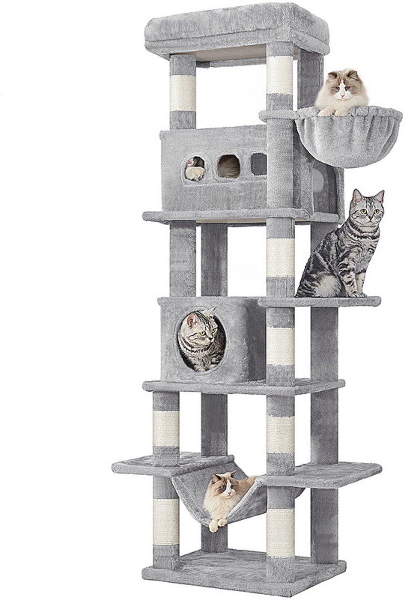 Hzuaneri Krabpaal groot, 170 cm, kattentoren voor maine-kat, grote kat, meerlaagse krabpaal met grote zitstang, wasbare mat, kattenhuismeubel met 2 holletjes, 8 krabbomen, Lichtgrijs