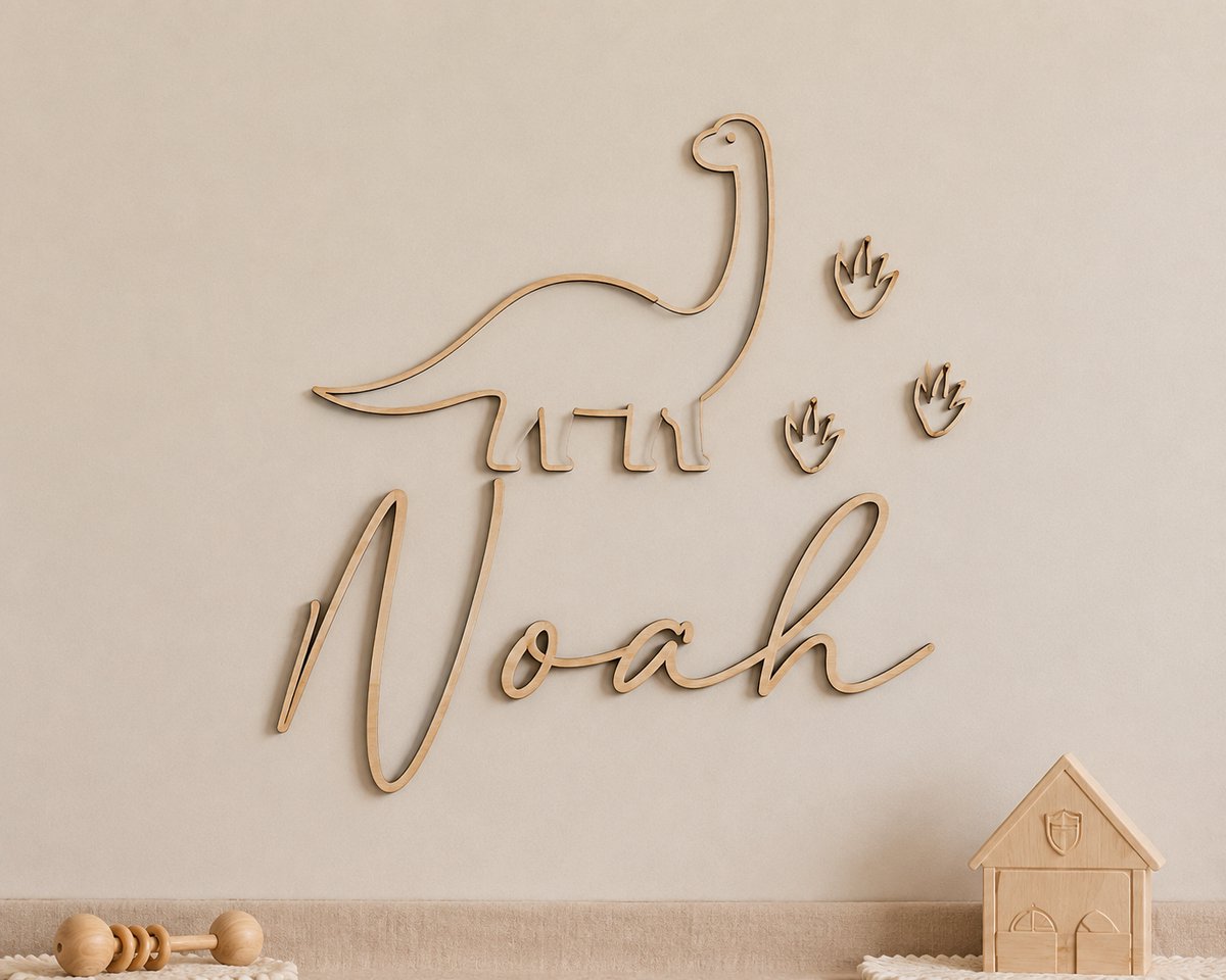 Gepersonaliseerde Houten Naamdecoratie met Dino – 50 x 25 cm – Wanddecoratie Babykamer & Kinderkamer – 5 mm Hout – Uniek Kraamcadeau