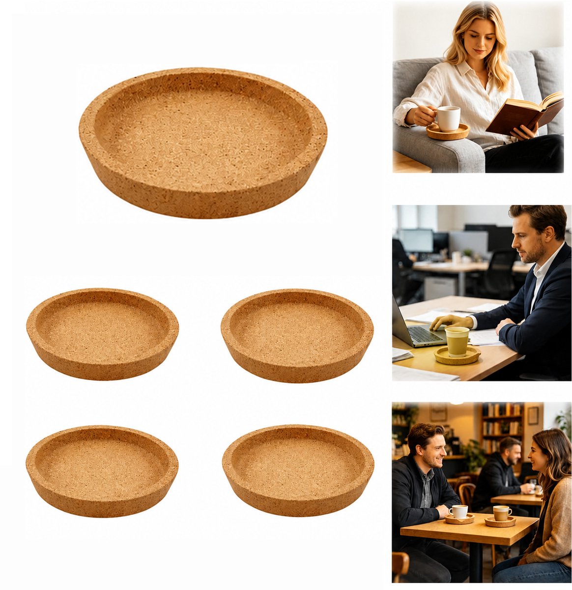 Kurken onderzetters - 5 stuks - 10,2 cm - Met opvangrand
