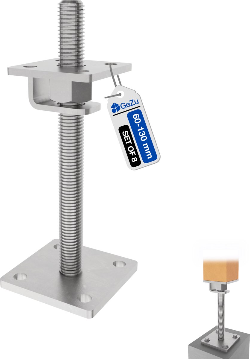 GeZu Impex Paalhouder Hoogte Verstelbare Zinkvlok Set van 8 70 x 70 mm paaldragers paalsteun paalvoet