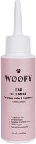 WØØFY oorreiniger voor honden, 100ml. Roze etiket met witte dop en tuitje. Geurloos, pH-gebalanceerd, parabeen- en sulfaatvrij, 100% vegan, natuurlijke ingrediënten.