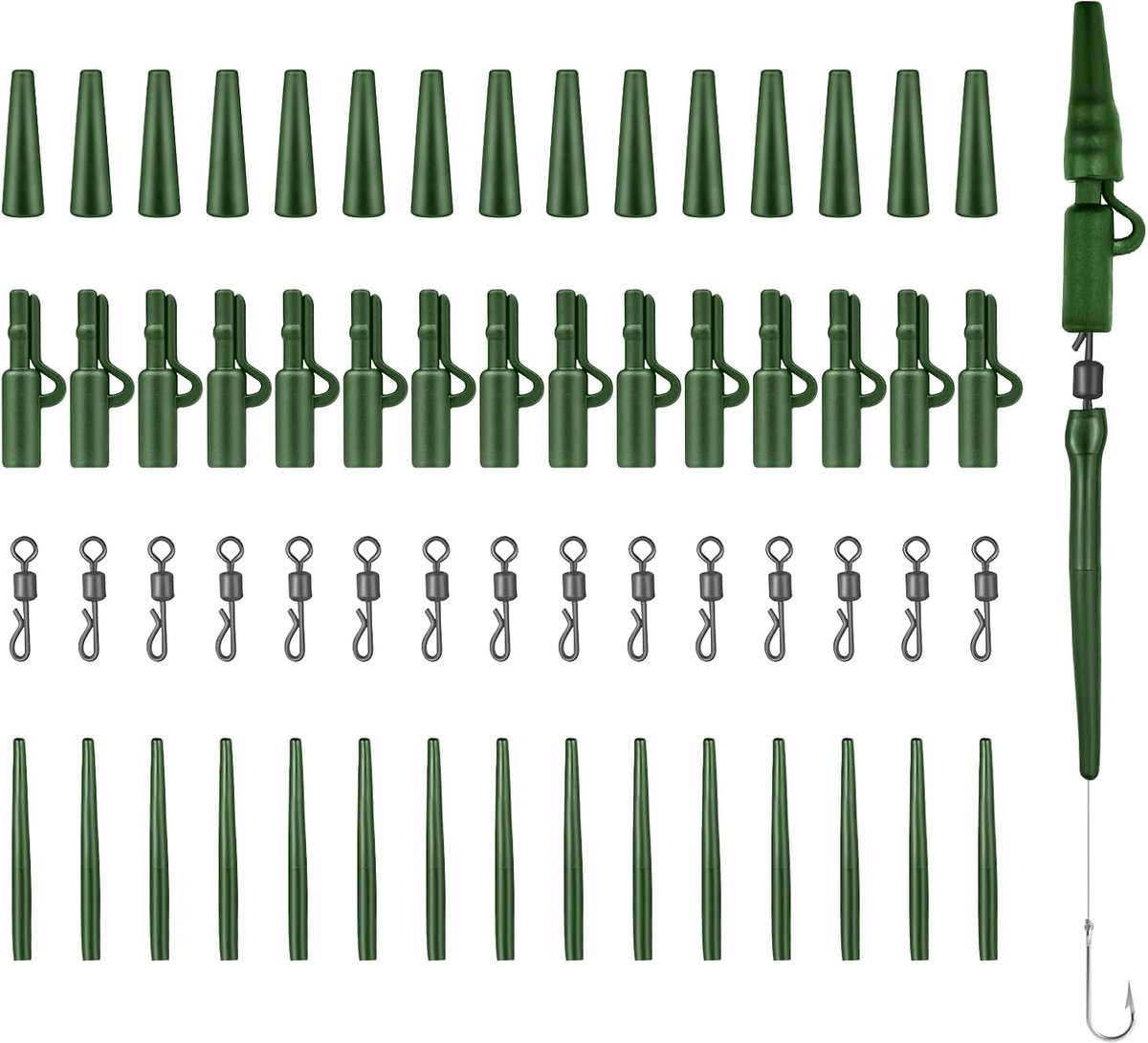 Set van 60 Karperaccessoires, Compleet, Professioneel, met Veiligheidsclips, Anti-Klitten, Rubberen Buizen, Snel Wisselwervelclips voor Karpervissen, Leadclip voor Beginnende Karpers (Groen)