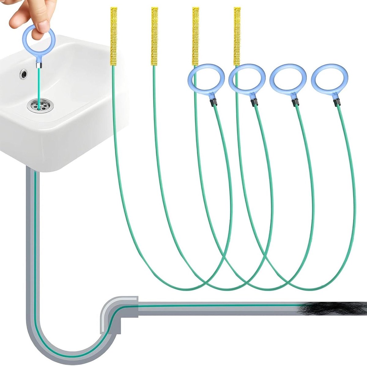Afvoerreiniger-sticks 4 stuks voor vloerafvoer, wastafel, gootsteen - lange afvoerspiraal - flexibele haak reinigingsspiraal met trekring - effectieve afvoerontstopper.