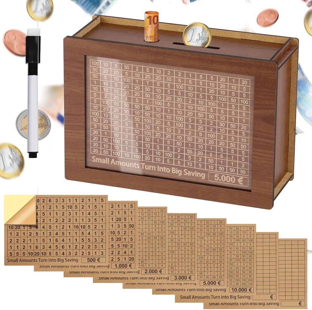 Houten spaarpot, 5000 €, met stickers en markers, herbruikbaar, geldteller, verschillende besparingen, voor kinderen en volwassenen (€ 500-10000)
