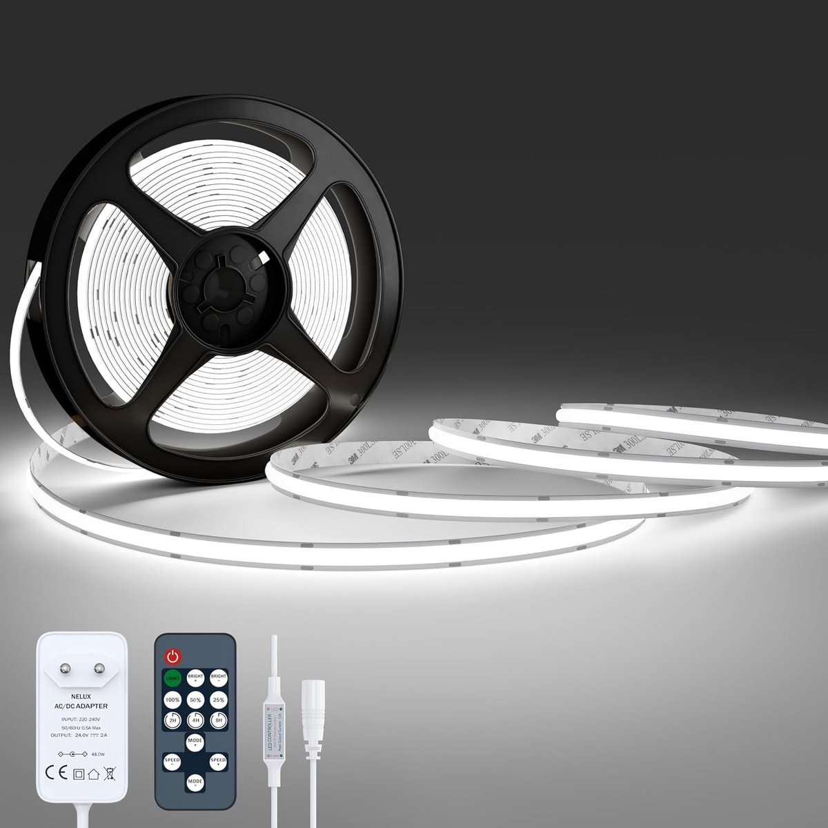 LED Strip Light 5 meter Koud Wit | LED Lights Cold White | Ledstrip Verlichting Indirect Dimbaar - Wit Licht Decoratie TV Keuken | Incl. Zelfklevend, Dimmer & Voeding 24V | 480LED/m (6500K)