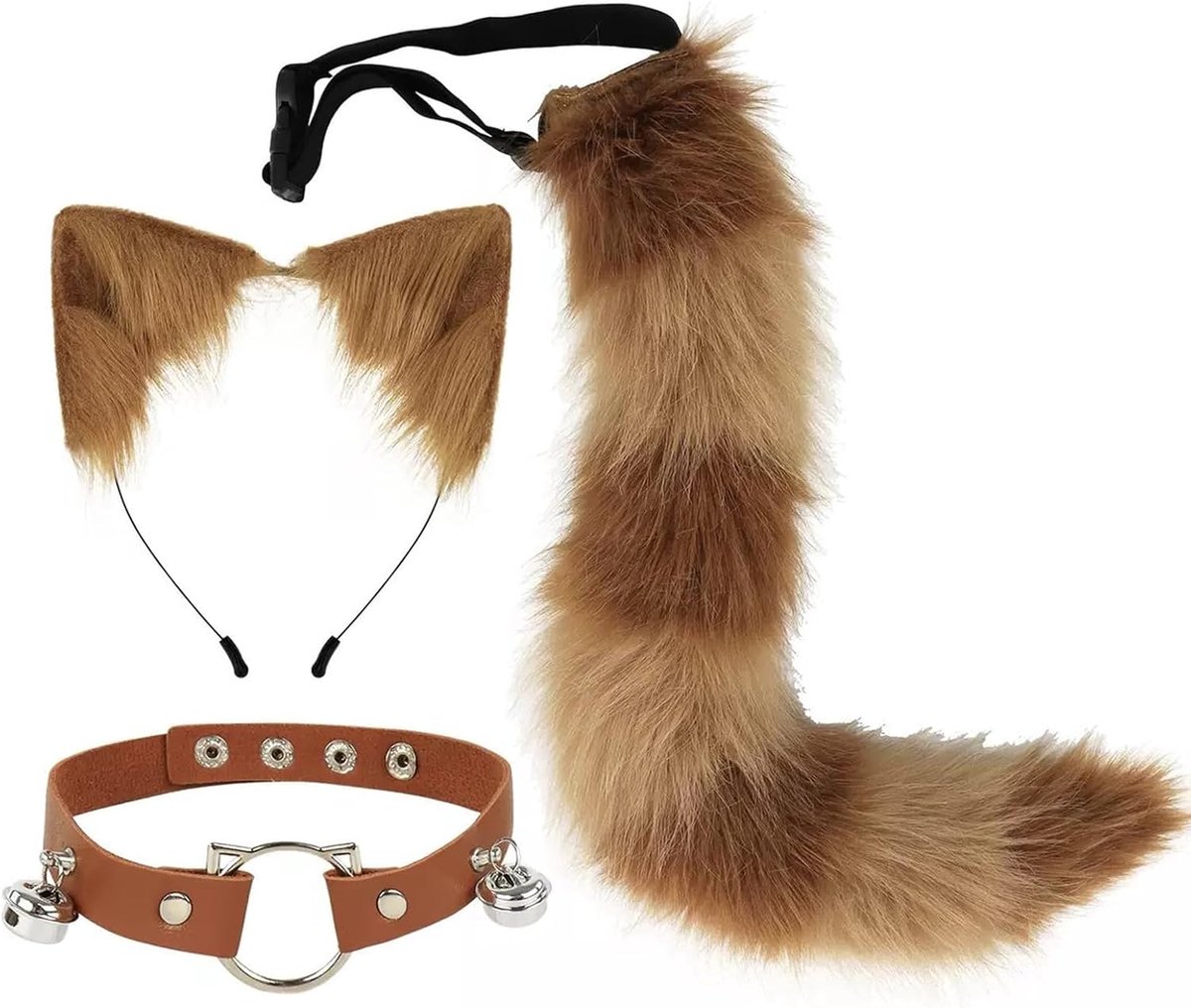 vossenstaart, kattenoren, haarband en leren halsketting, kattenkostuum voor dames en volwassenen, wollige vos-accessoire voor Halloween, carnaval, kostuumfeest, kat cosplay