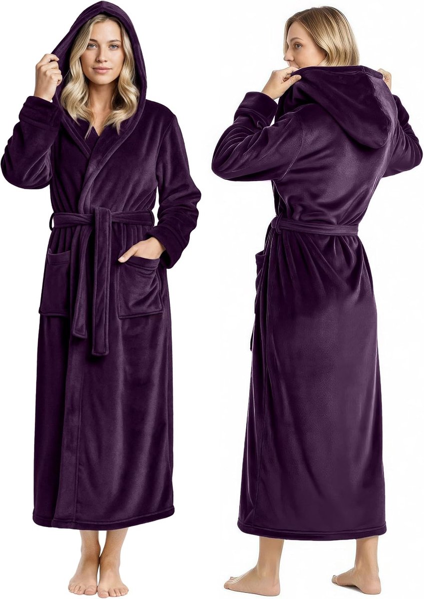 Threads Dames Fleece Hooded Badjas - Plush Long Robe (Medium, Plum)