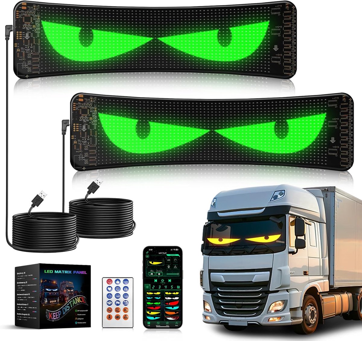 Ogen voor Vrachtwagen en Auto, Devil Eyes Lampen voor Auto, Flexibel en Programmeerbaar LED Display, Gepersonaliseerd Scrollend Scherm voor Reclame en Signalisatie (2 stuks 35x10cm)