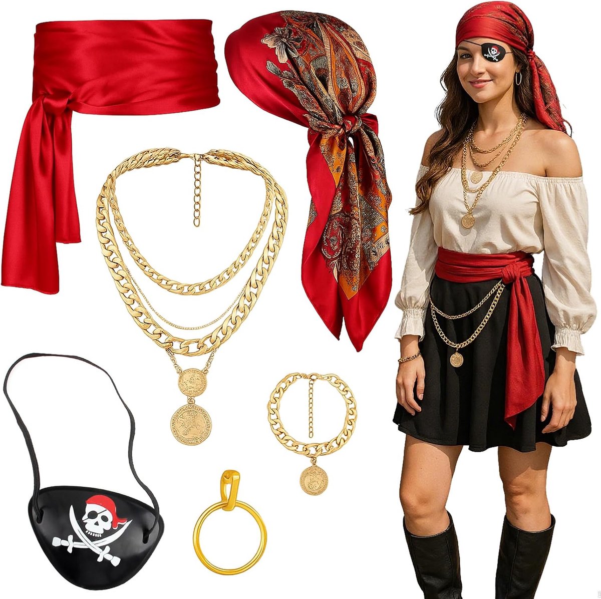 Dames, Accessoires Set met Hoofddoek Riem & Satijnen Sjerp, Piratenkostuum voor Vrouwen Cosplay