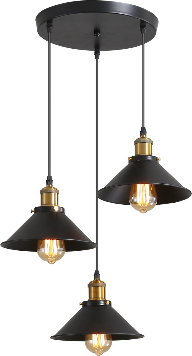 Riserva Vintage Hanglamp 3-Lichts - Zwart - E27 Fitting - Industriële Hanglamp van Metaal - Rond - Zonder Lichtbron - voor Eetkamer, Keuken en Woonkamer