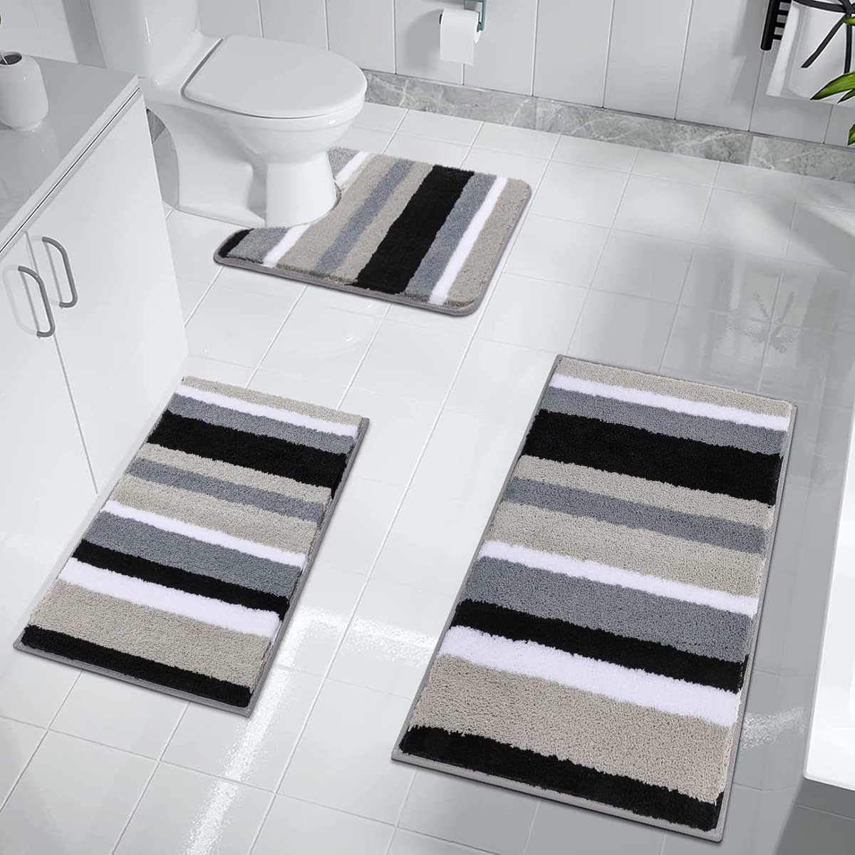 SnelShoppen - 3-delige zachte badkamermatsets met waterabsorberende badmatten en toiletmat, antislip en machinewasbaar in zwart voor badkamer en toile