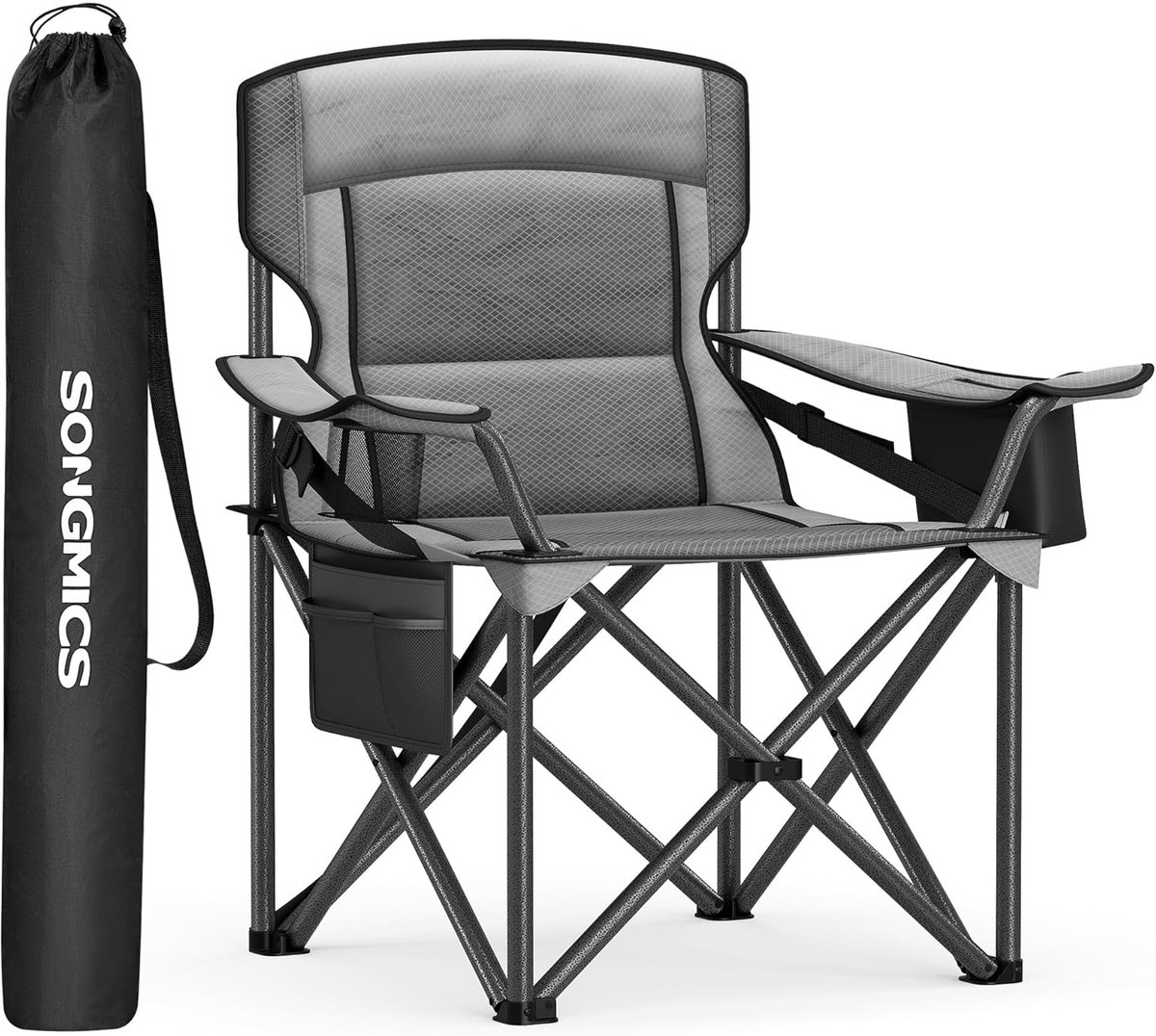 SONGMICS Campingstoel, Klapstoel met Bekerhouder, Visstoel, Schuimvulling, Opvouwbaar, Draagvermogen 205 kg, Buitenstoel, Hoge Rugleuning