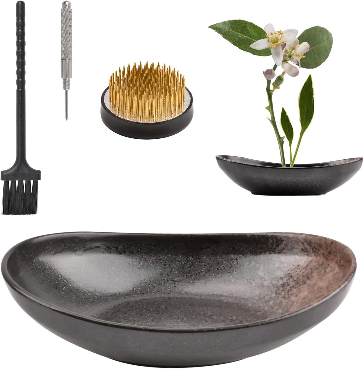 Bruin Zwart Bloemschikken Benodigdheden, Lingot Vormige Schaal & 5 cm Bloemkikker voor Ikebana Keramische Bloemvaas Planten Schikken Bloemisterij Container