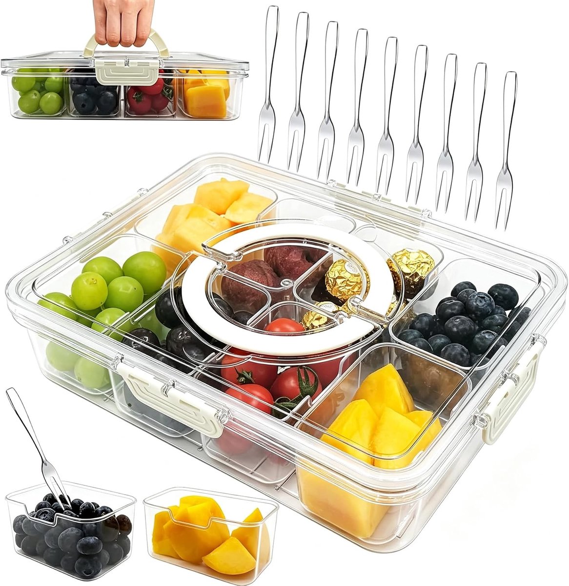 Snackbox, gedeeld serveerdienblad, transparante snackbox met 8 voedselvakken + 8 tafelvorken, draagbare snackdienbladen, voor snoep, koekjes, noten, fruit