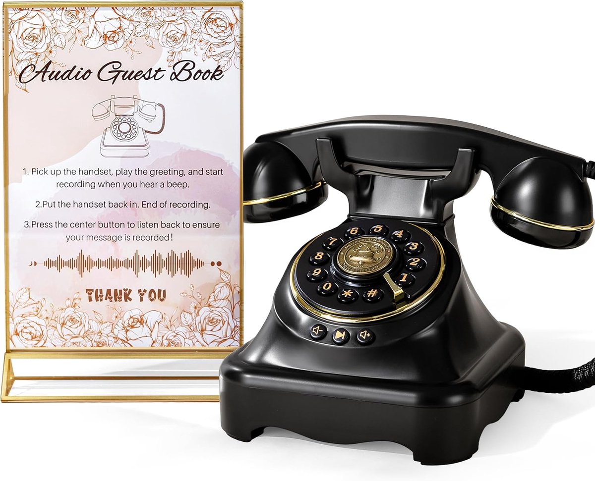 gastenboek bruiloft telefoon, 32 GB geheugenopname aangepaste audioberichten, volume verstelbaar, geschikt voor alle soorten feesten (mat zwart + teken)