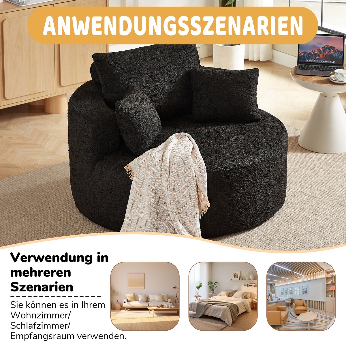 OKWISH Fauteuil - 1-Zits Relaxfauteuil Zonder Montage - Chenille Bekleding Met Armleuningen En Rugkussen - Voor Woonkamer, Slaapkamer En Lounge - Zwart