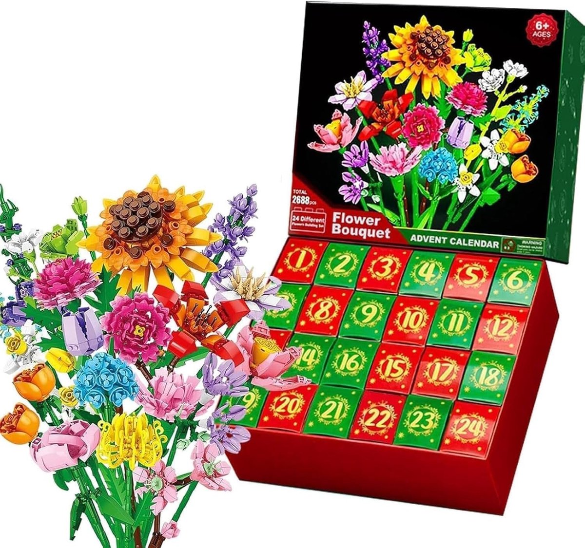 Adventskalender met bloemen boeketten voor, 24-daagse aftelkalender met bloemen bouwset, kerstadventskalender voor volwassenen en vrouwen, unieke feestdecoratie, doe-het-zelf bloemenornamentenset
