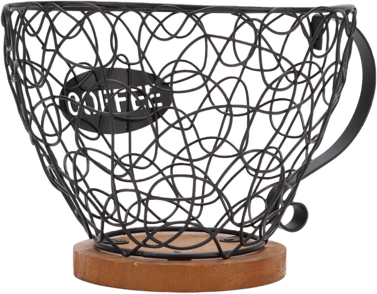 Koffiepadhouder Mand - Opbergmand Koffiepads - Keuken Organiseren - Vintage Houten Basis - 35 Pads - Zwart