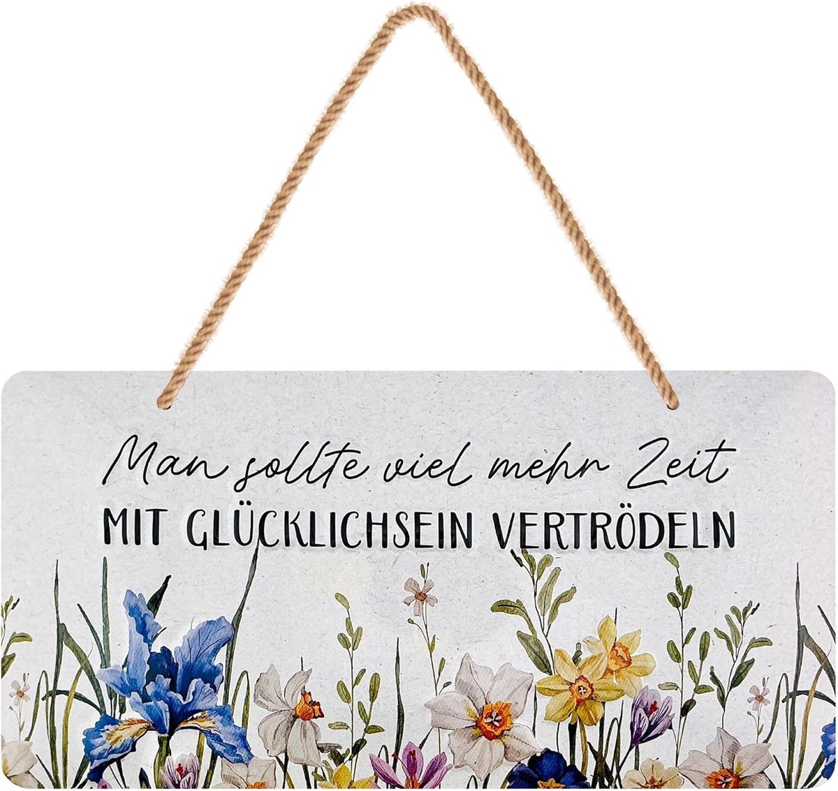 Bordjes TIJD MET GELUKLICHSEIN- vintage metalen borden met spreuken als wanddecoratie voor keuken en tuin - shabby chic deco incl. jute koord 16x32cm