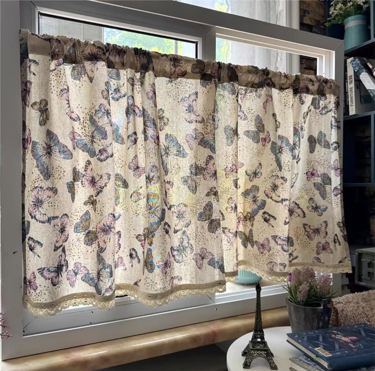 vitrage bistrogordijn landhuis kort keuken keukengordijn stangdoorgang met vlinderpatroon bont klein venster 1 stuks H x B 80 x 70 cm