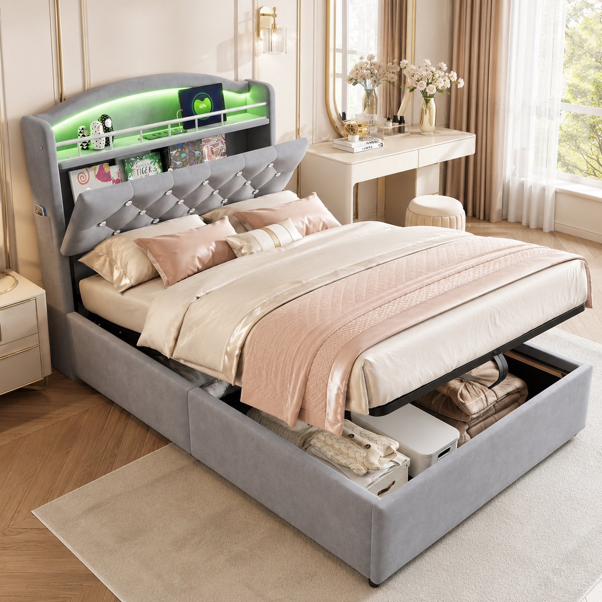 Kinderbed 90x200 cm - Eenpersoonsbed 90x200 cm - Gestoffeerd bed - Opbergbed - Multifunctioneel bed - Met LED-verlichting en USB-interface - Flueel - Grijs
