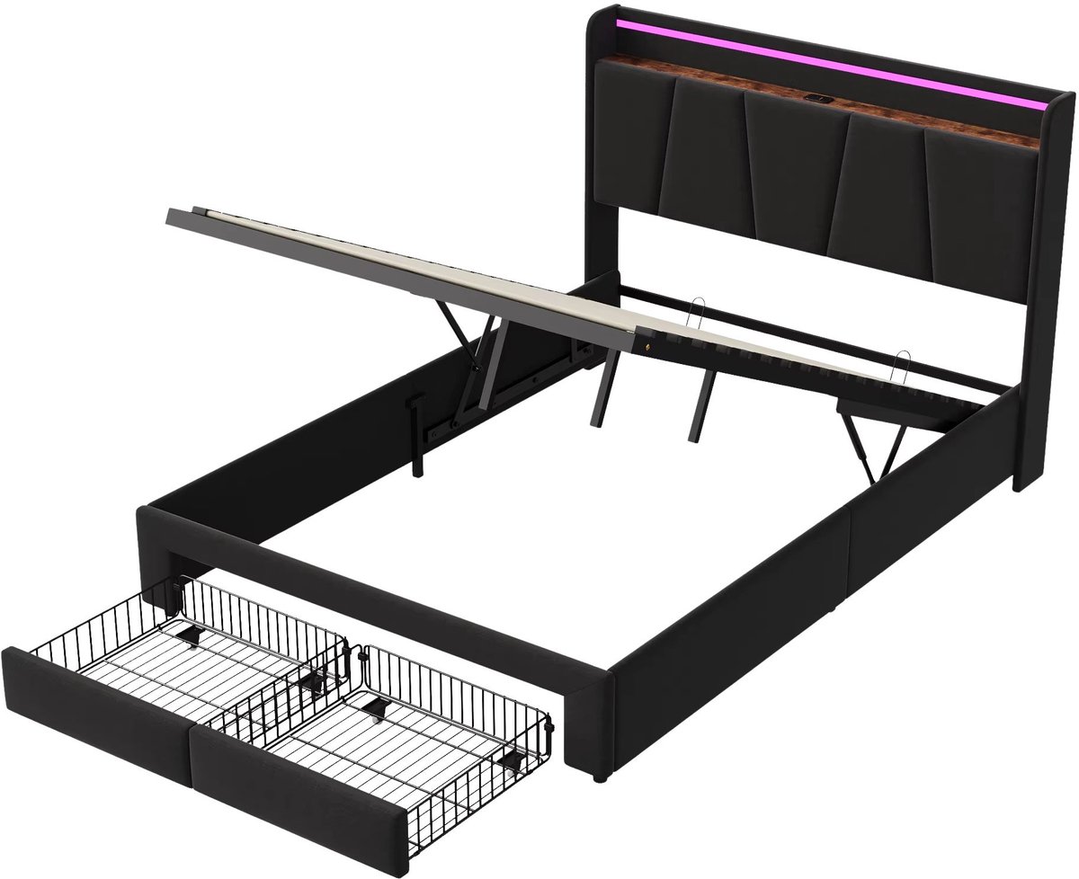 Opbergbed 140 X 200 Cm Donkergrijs - met 2 Lades, LED Verlichting, Opbergruimte, Lades - voor Slaapkamer