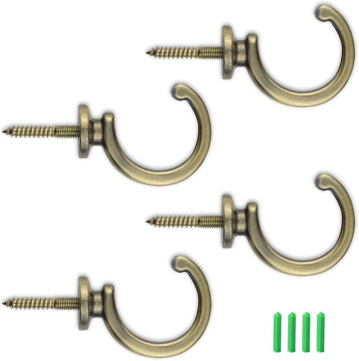 Haken, 4 stuks, gordijngordijnhouders, gordijnhaken, zinklegering, sierhaken, brons, schroefhaken, antiek, met 4 expansiebuizen, voor slaapkamer, hotel, kantoor
