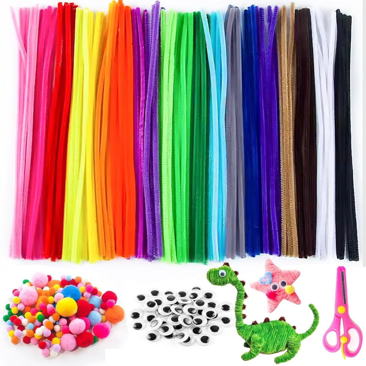 511 Stuks Pijpenragers om te Knutselen, Buigpluche, Chenilledraad Set mit 100 Stuks 30cm Kleurrijk Pijpenragers,200 pompons, 210 ogen, pijpreinigerset voor creatieve doe-het-zelf projecten