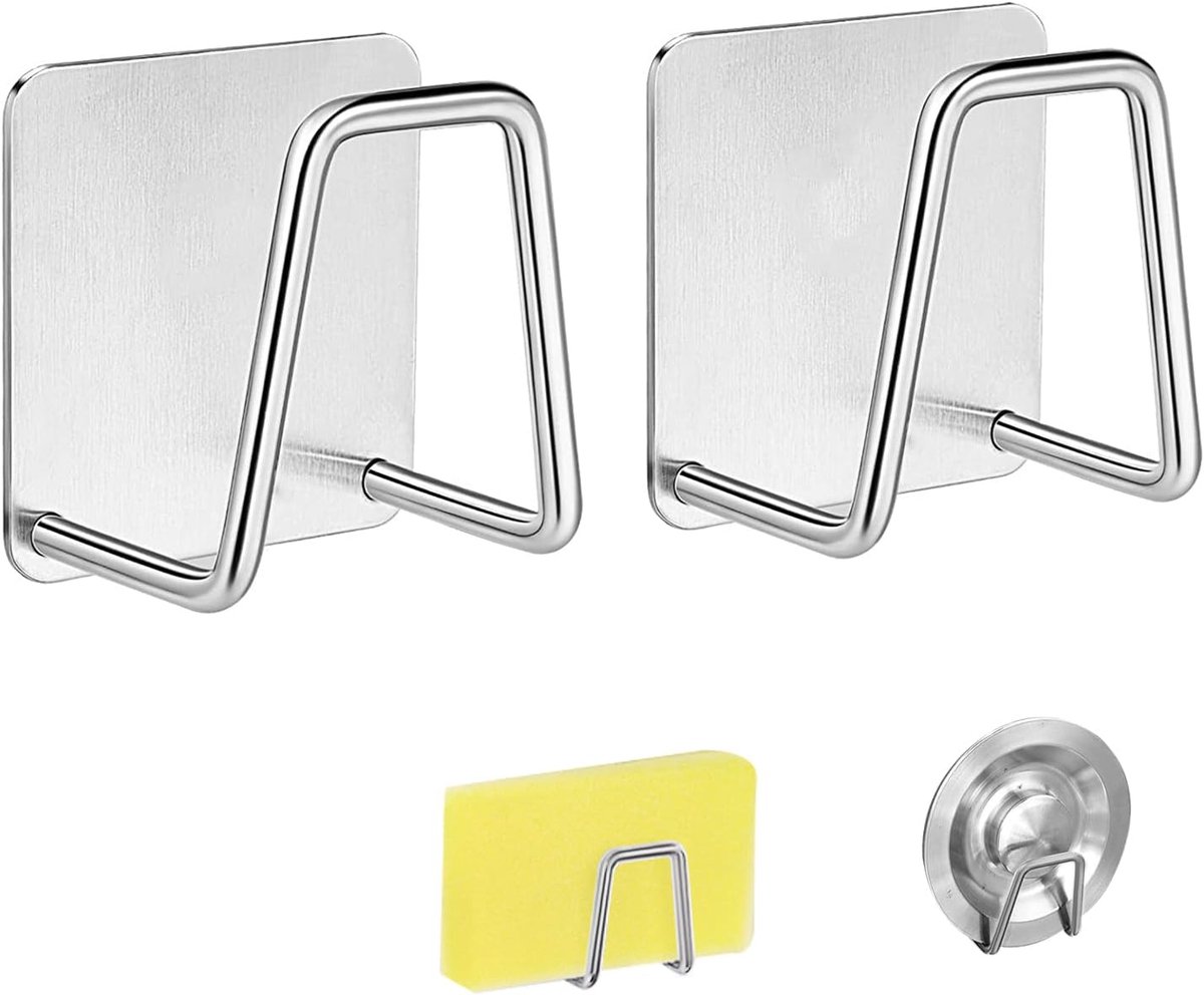 Sponshouders, 2 stuks duurzame waterdichte keukenspoel, Super zelfklevende universele sponshouder van roestvrij staal, keukenaccessoires voor huishoudelijke opslag en afdruipen (Zilver)