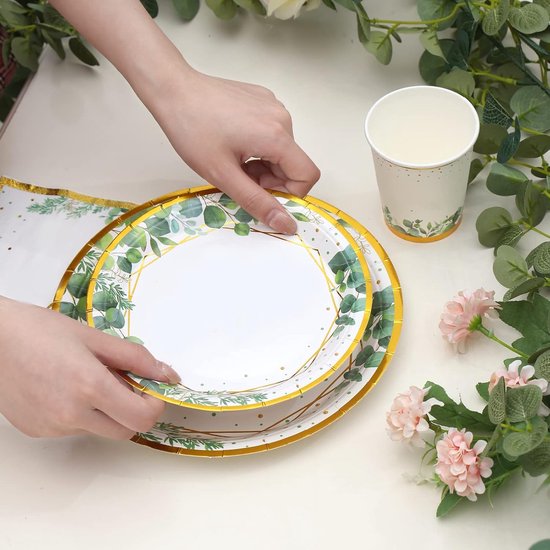 Salie Groene Papieren Borden Servetten Bekers Set, 96 Stuks Groen Goud Party Servies, Wegwerp Borden Baby Doucheborden Cups en Servetten voor Verjaardagsfeestbenodigdheden, Babyshower, Jungle Safari — afbeelding 3