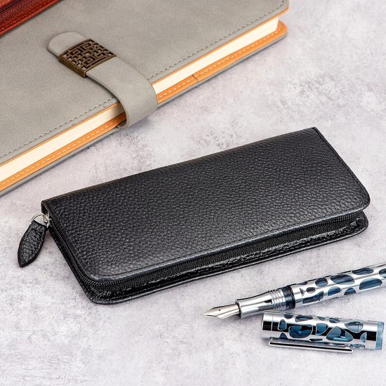 echt lederen vulpen case, 3 verdeelde slots, rits pen case pouch, handgemaakte display houder voor rollerball pen van echt — afbeelding 5