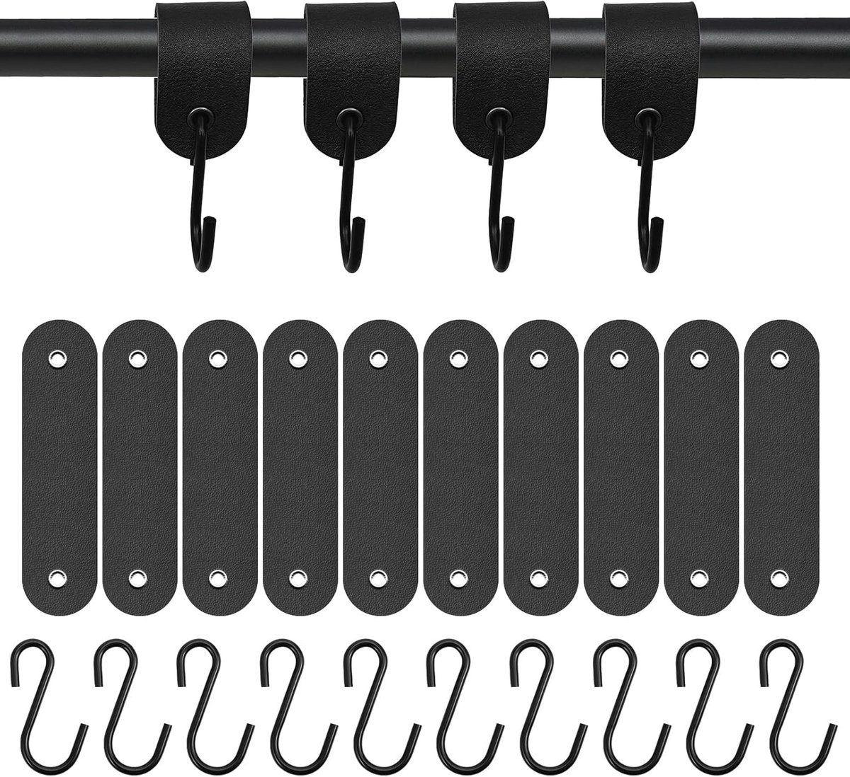 S-haken met leren lus, kledinghaken garderobe, 10 stuks roestvrij stalen S-haken, kledinghaken voor garderobe en camping, voor stang, keuken, badkamer en slaapkamer, met hoog draagvermogen