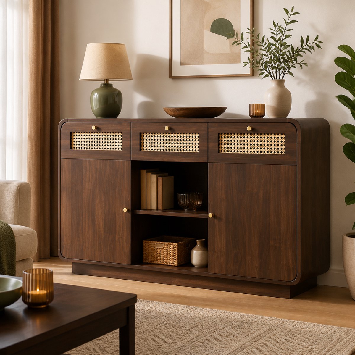 Komhtom - Commode dressoir in notenhout - 120×40×85 cm - Ladekast met rotan en gouden handgrepen - 3 lades, 2 kasten en open plank - In hoogte verstelbare legplanken