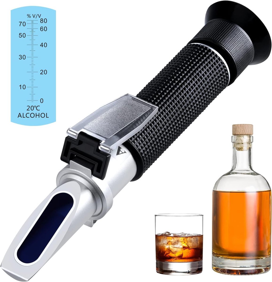 Alcoholrefractometer met hoge precisie, 0-80% v/v, handbediend meetinstrument voor alcoholgehalte, draagbare refractometer, alcoholmeter voor bourbon, wodka, gin, tequila, mezcal, whisky, whisky, enz.