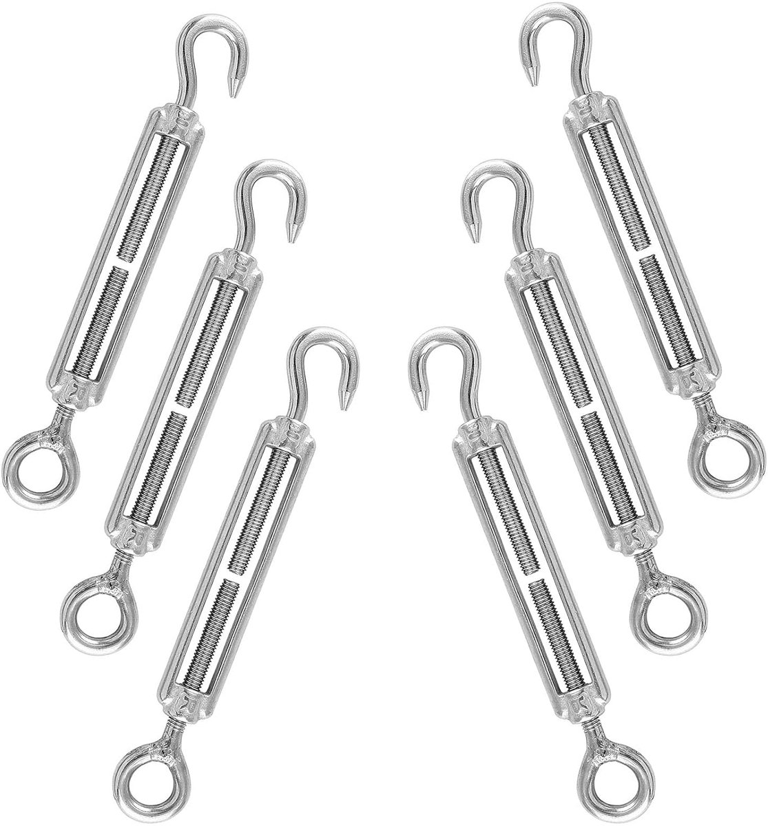 Spansloten, kabelspanner, 6 stuks, M4 touwspanner, 304 roestvrij staal, verstelbare wervelhaken, OC, spanhaken voor luifels, touw of waslijn spannen (zilver)