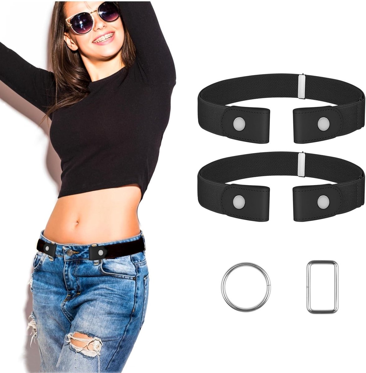 【4 stuks】Riem zonder gesp, duurzame elastische riem, verstelbare gespvrije riem, stretchriem voor jeans, broek, jurk, verstelbare onzichtbare riem voor dames heren, met metalen ring