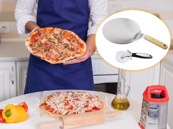 1 stuk pizza- en taartschep met houten handvat, pizzaschep met houten handvat, pizzaschep van rond roestvrij staal, met pizzames van roestvrij staal (zilver) — afbeelding 5