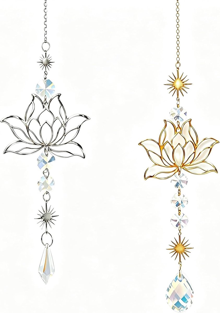 2 stuks lotusbloemen zonnevanger met kristalprisma - goud en zilver - kristallen suncatcher voor ramen & boho-decoratie - elegant lichtspel met lotusbloem, spirituele decoratie, kantoor, auto
