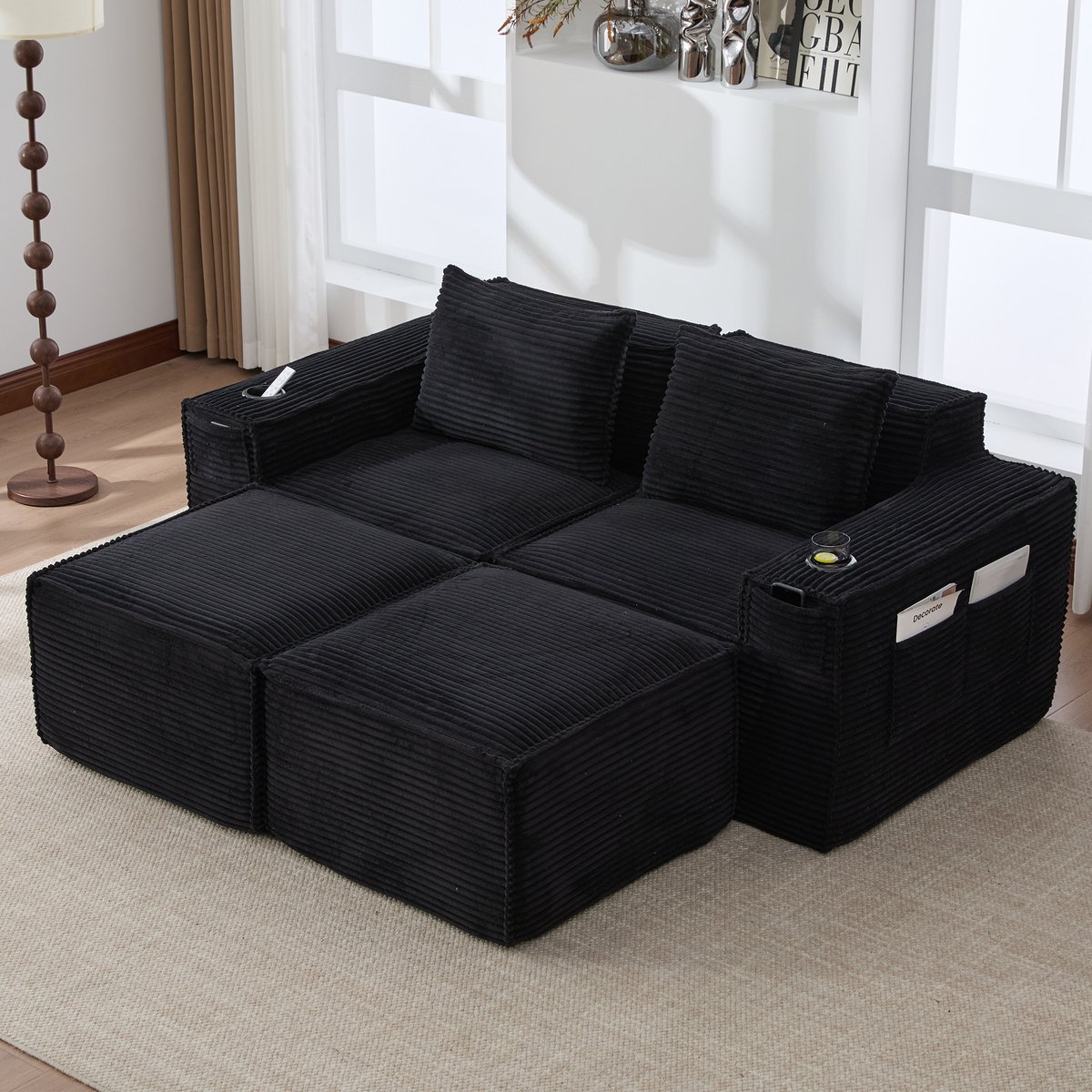 OKWISH Set Bank 188 x 162 x 75 cm - Modulaire 2-Zits Bank Met 2 Hockers, Bekerhouders En Zijvakken - Woonkamer Of Appartement - Corduroy - Zwart