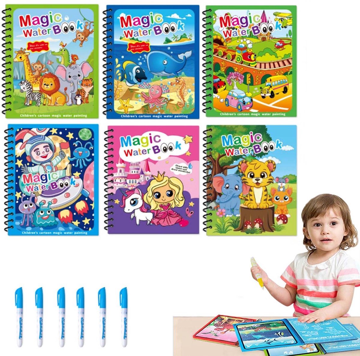 6 Stuks Waterkleurboeken - Magisch Herbruikbaar Waterkleurboek Met Waterpen Voor Kinderen Van 2, 3, 4, 5 En 6 Jaar Oud - Cadeaus Voor Kinderen