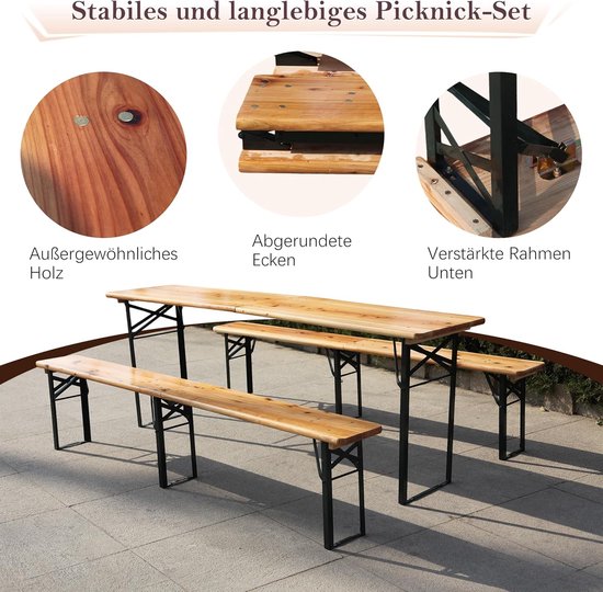 Opvouwbare biertentset 220 cm, 3-delig: 1 klaptafel + 2 bierbanken, weerbestendig massief grenenhout, ruimtebesparend, tot 200 kg, biertafelset feesttenttuin — afbeelding 5